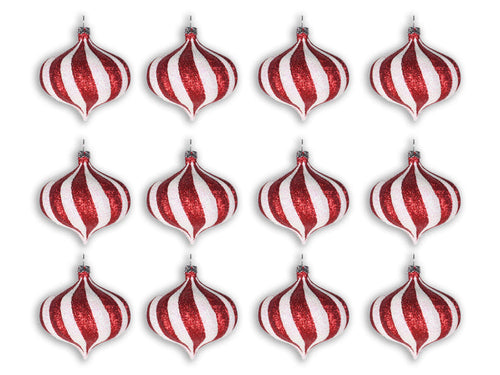 12 Pack of Red and White Glitter Striped Onion Ornaments