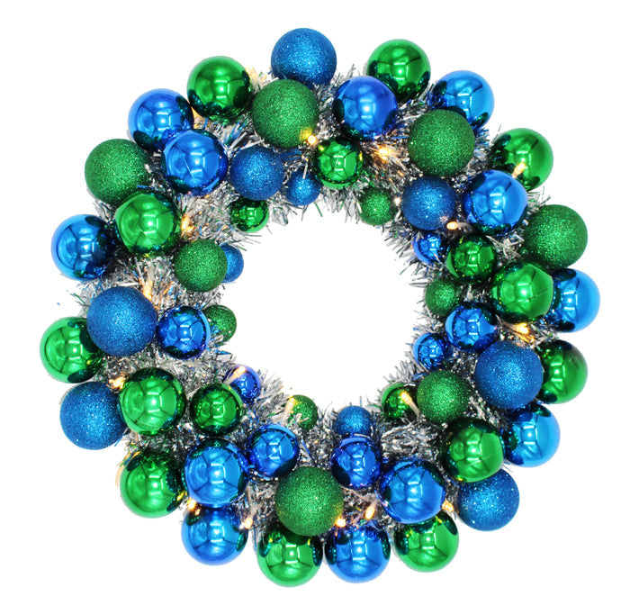 16" Blue and Green Ball Wreath with Battery Powered Warm White LEDs