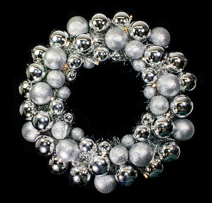 16" Silver Ball Wreath with Battery Powered Warm White LEDs