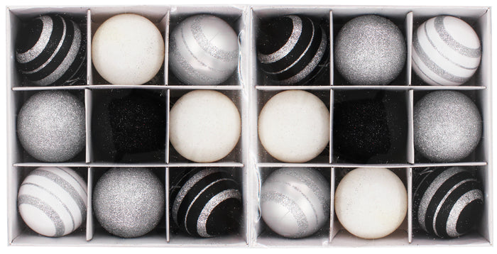 18 Pack of Black, White, and Silver Ball Ornaments with Silver Glitter Enhancement