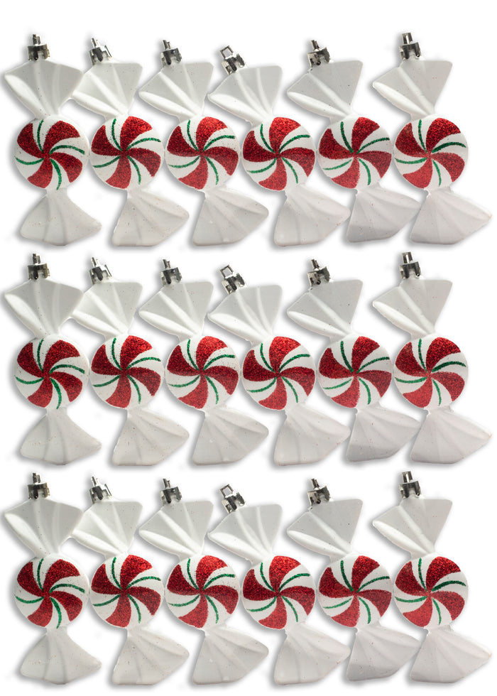 18 Piece Christmas Hanging White Candy Ornament with Iridescent Glitter Swirl Design