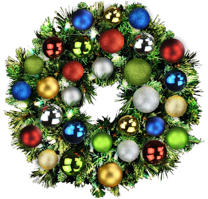 2' Mixed Blend Pine Wreath with Warm White LED Lights and Royal Themed Oranaments