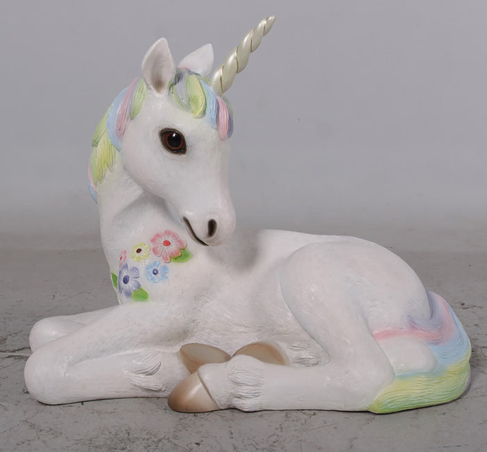 2' Tall Resting Unicorn White with Rainbow Mane and Tail