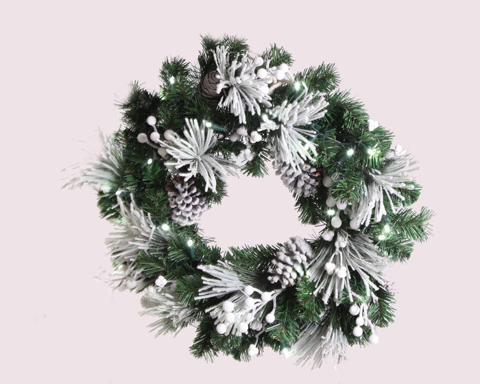 24" Flocked White Wreath with White Berries