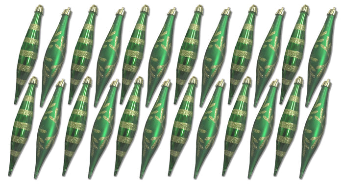 24 Pack Green Finial Ornament with Snowflake and Line Glitter Design