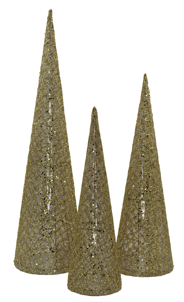 3 Pack of Gold Mesh Cone Trees