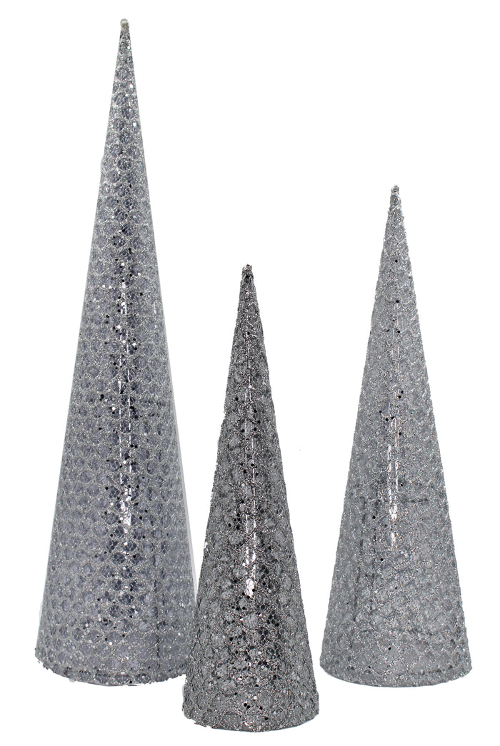 3 Pack of Silver Mesh Cone Trees