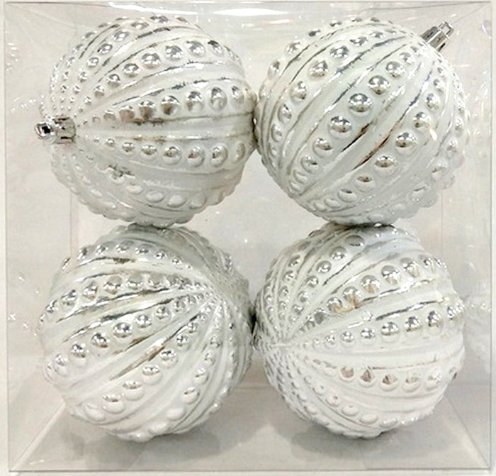 4 Pack of Silver and White Studded Ornaments