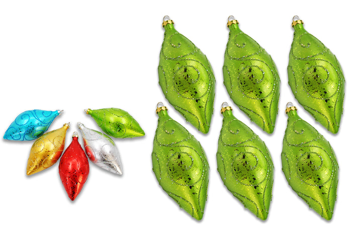 6 Pack 5" Green Teardrop Ornament with Olive Glitter