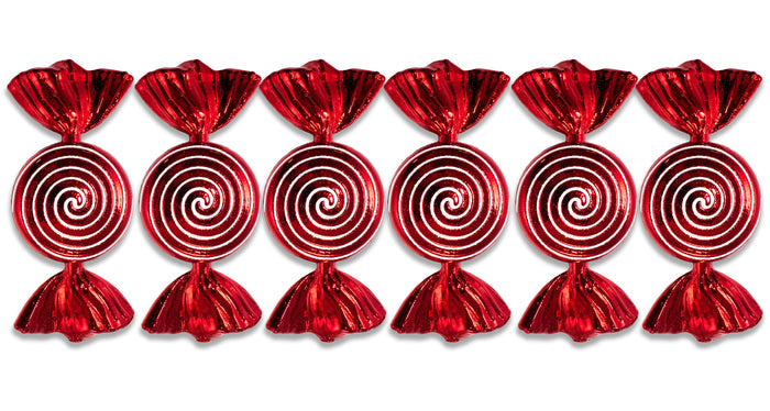 6 Pack of Red Candy Ornaments with White Swirling Designs