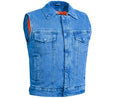 Blue Men's  denim motorcycle vest with Snap/Zipper Front