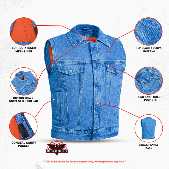 Blue Men's  denim motorcycle vest with Snap/Zipper Front