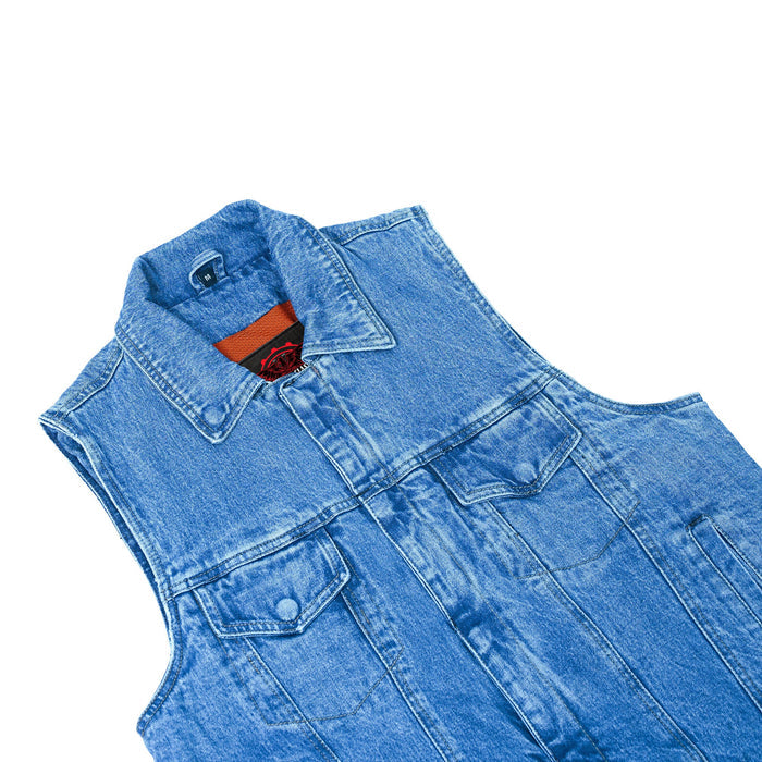 Blue Men's  denim motorcycle vest with Snap/Zipper Front