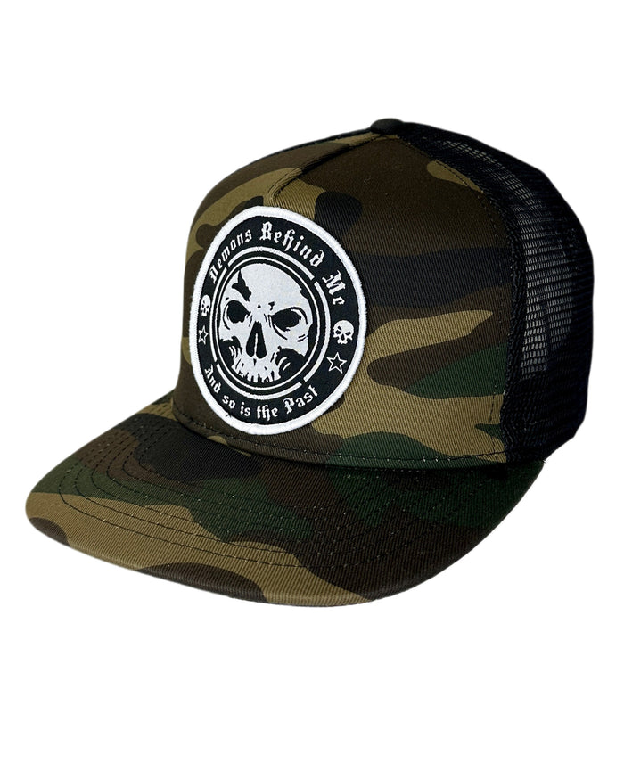 CLOSEOUT- Camo & Black Classic Trucker Circle Skull Patch Hat