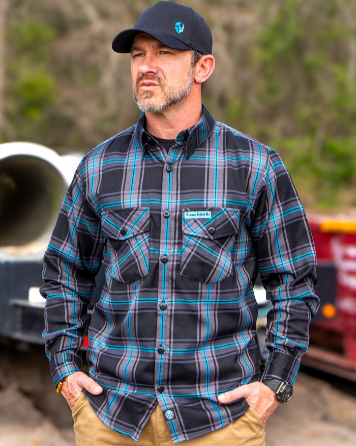 CLOSEOUT The "Redemption" Flannel - Teal, Black & Gray (Hidden Snap Collar)