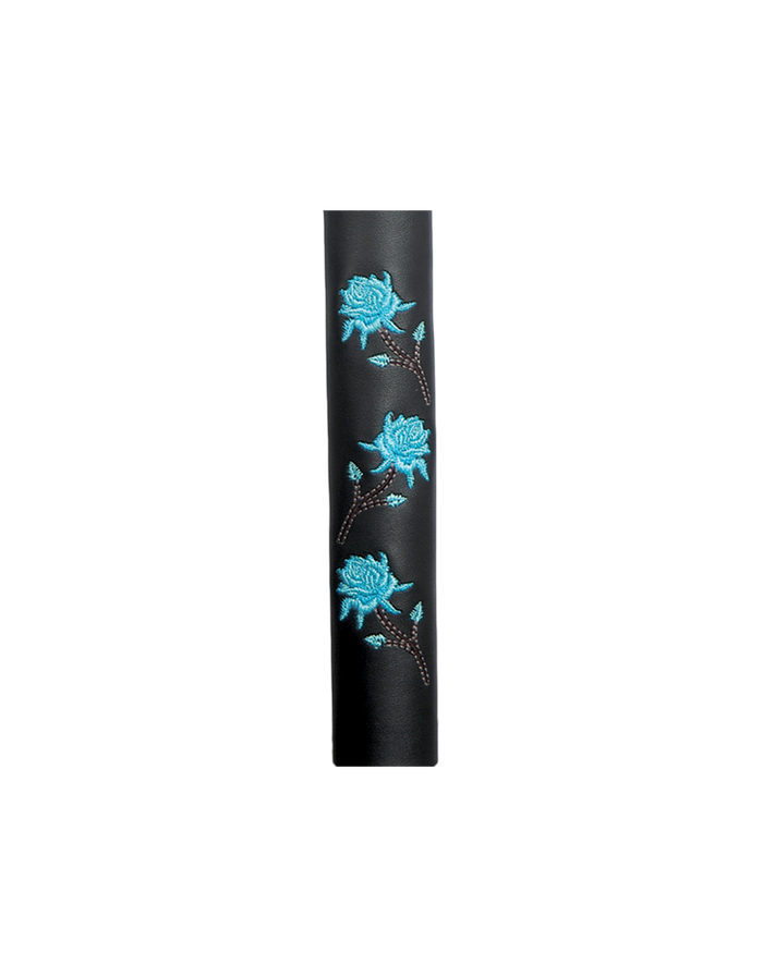 Leather and adorned with three embroidered teal roses