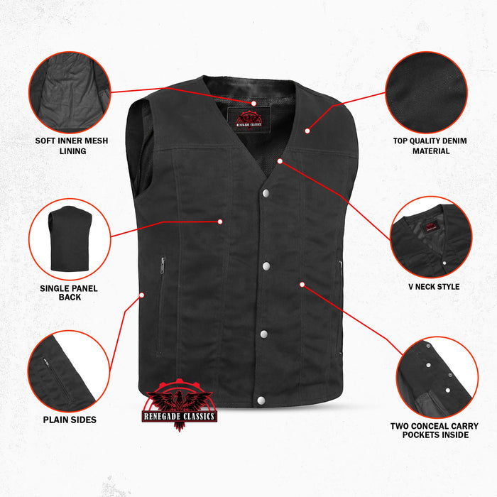 Men's Black Plain sides Denim Motorcycle Vest –  Heavy Snaps