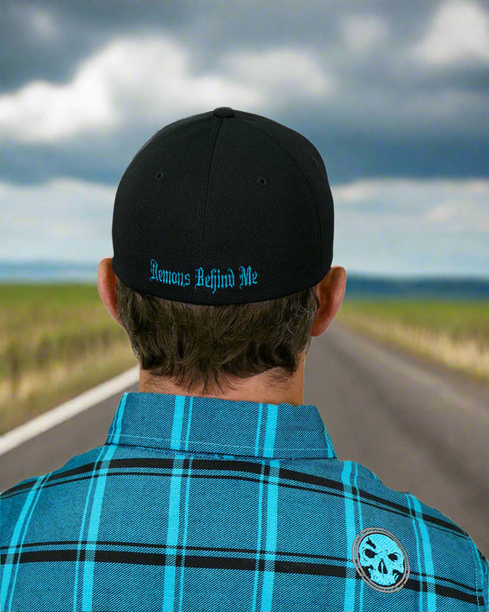 Purple & Teal Two-Tone Skull - Black "Never Fade" Fitted Cap